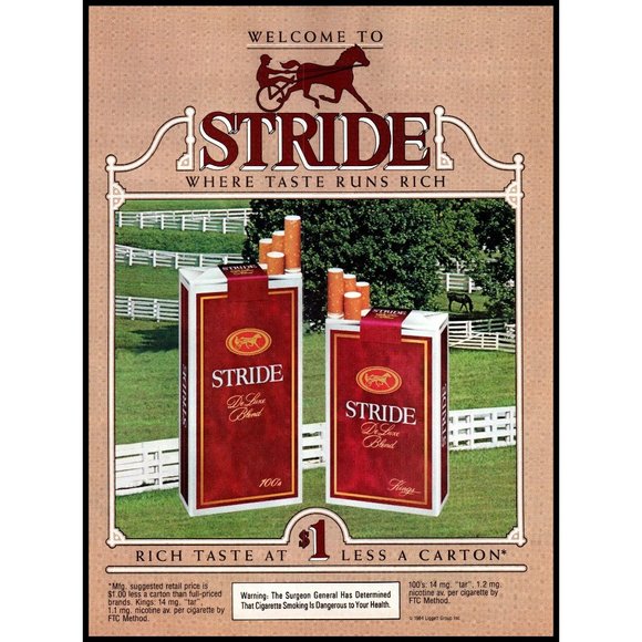 1985 Stride Cigarettes Vintage Print Ad Kentucky Horse Farm White Fence Wall Art - Picture 1 of 1
